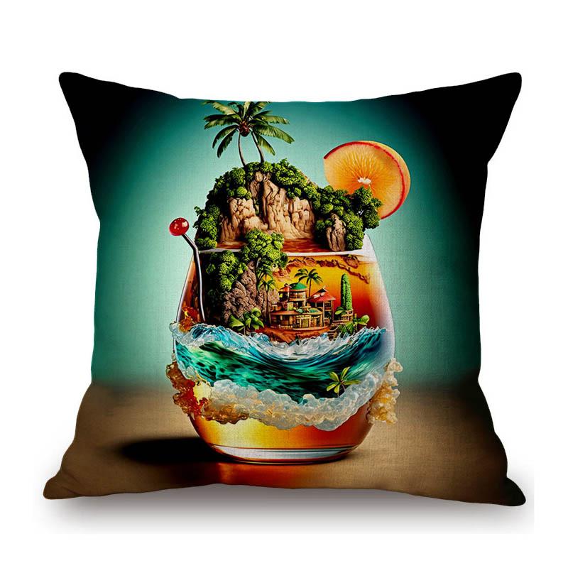 Colorful Cocktail Drink Art Summer Beach Drink Decorative Cotton Linen Sofa Throw Pillow Case Machine Wash Car Cushion Cover