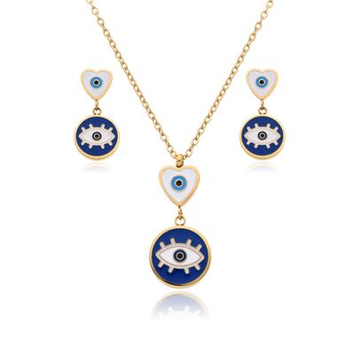 Chic Turkish Blue Eye Choker Enamel Pendant Necklaces Stainless Steel Jewelry Set Heart-shaped Stud Earrings for Women