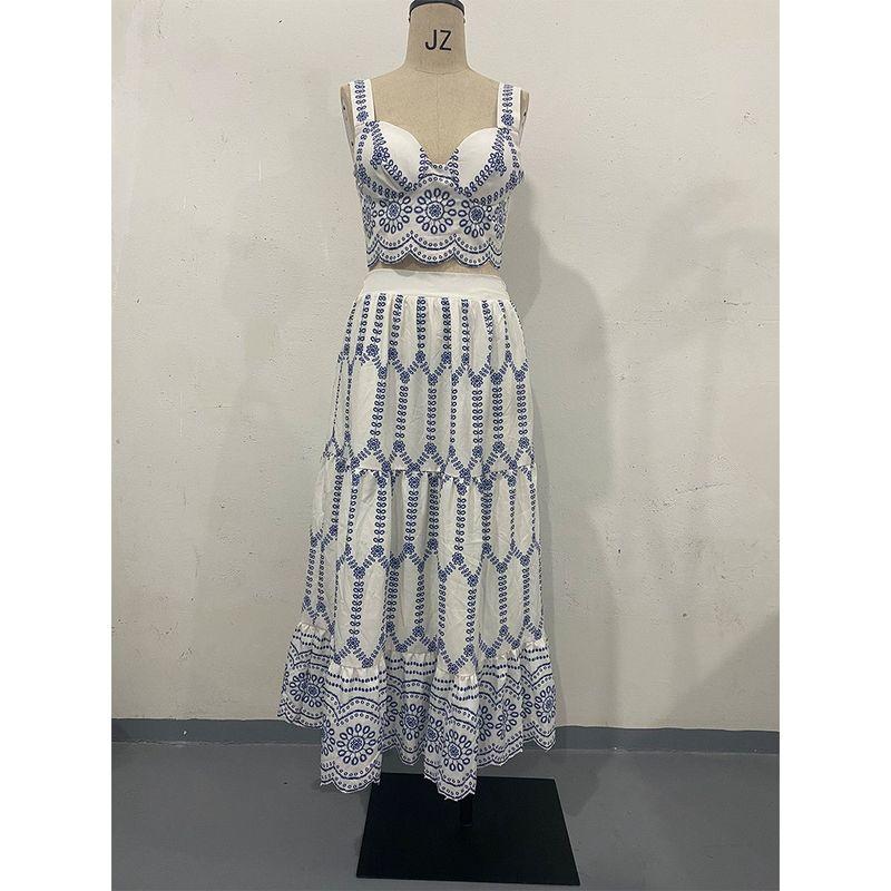 

Летняя мода Magic Queen Сексуальный принт Шнуровка Бюстгальтер Миди-наряд Короткий жилет Платье миди Праздничный комплект из двух частей White XXL