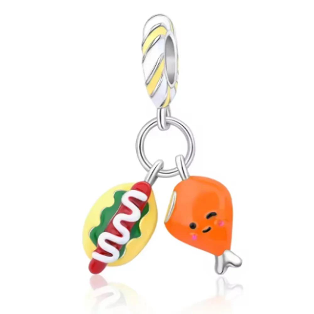 925 Silver Cute Lollipop Ice Cream Pendant Charms Cake Fruit Candy Donut Apple Pizza Beads Necklace DIY Bracelet Jewellery Gift