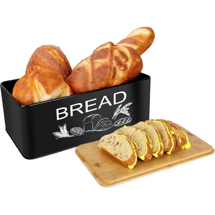 JIGUOOR Black Bread Box, Large Space Saving Vertical Metal Bread Box with Wooden Cutting Board Lid, Holds 2+ Loaves, Farmhouse Bread Bins Kitchen