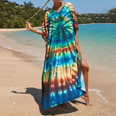 Women's Boho Cover Up, Plus Size Contrast Loose Fit Vacay Beach Kaftan Dress