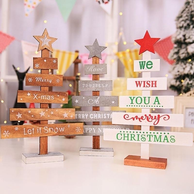 Mini Wooden Merry Christmas Tree Desk Table Decor Pendants Xmas Tree Ornaments Christmas Decoration Happy New Year Home