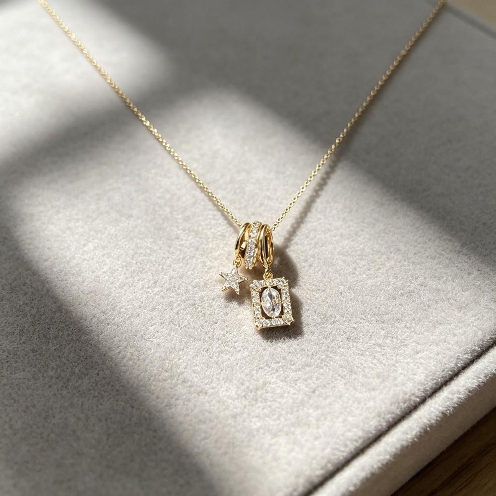Crystal Vintage Square Necklace Charm Zircon Collarbone Chain Star Pendant Necklace  Gift