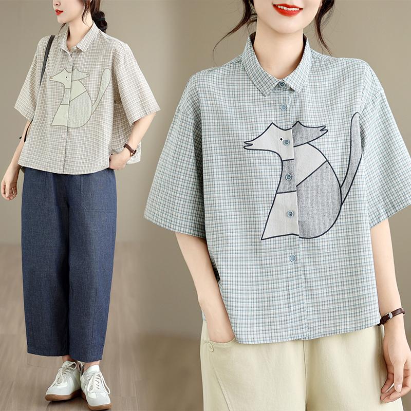 DIMANAF 2026 Women Plus Size New Summer Blouse Shirt Cotton Short Sleeve Embroidery Casual Loose Lady Tops Shirts