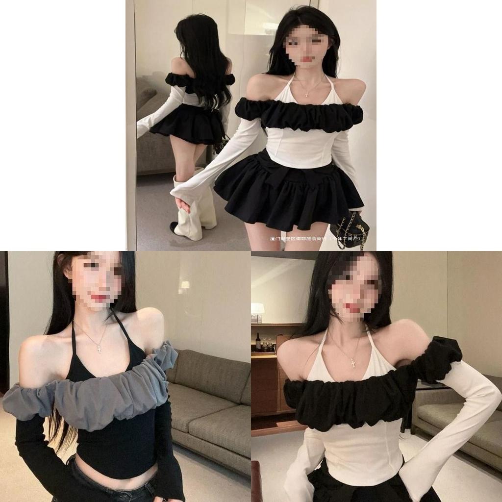 Private Style Oversize Oneshoulder Blouse With Color Block Ruffle For Autumn Wear