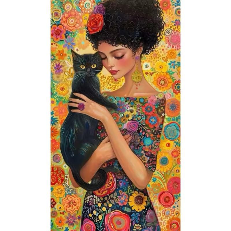 Creativity Beauty Women and Black Cat Canvas Paintings Wall Art Posters and Prints for Living Room Abstract Home Decor Mural