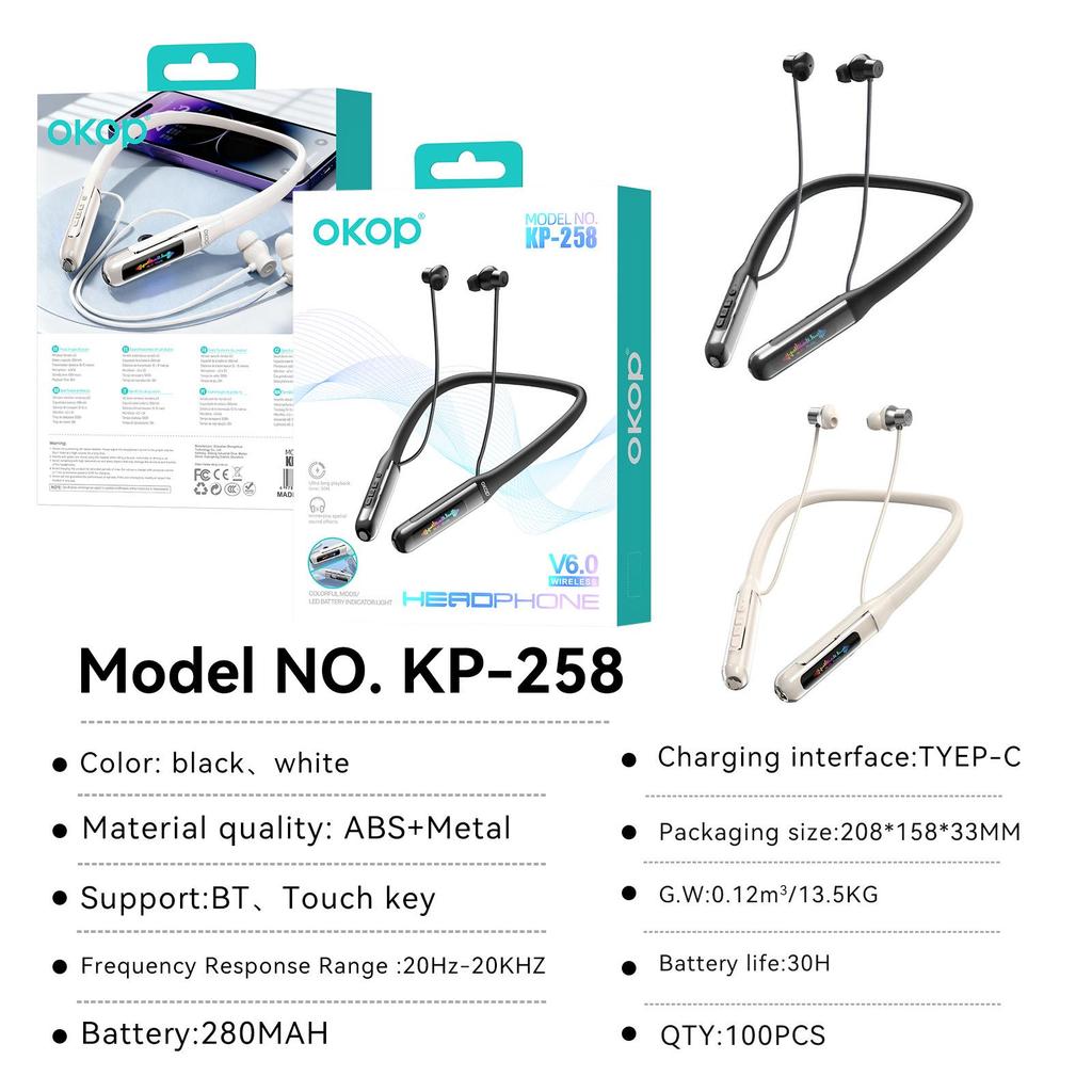 258 Bluetooth-Kopfhörer mit Nackenband, magnetischer Absaugung, Digitalanzeige, geringer Latenz, langer Akkulaufzeit und hoher Klangqualität.