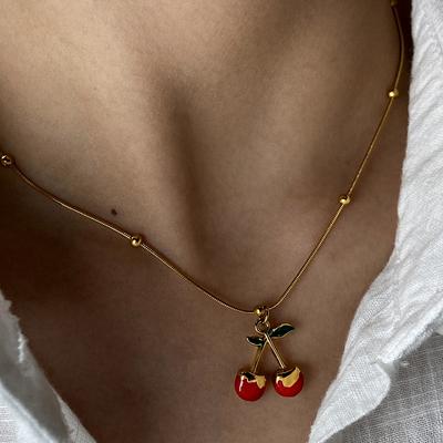Summer Women's Stainless Steel Pendant Necklace Golden Chain Strawberry Watermelon Cherry Pendants Women Zircon Sets Gift Trend