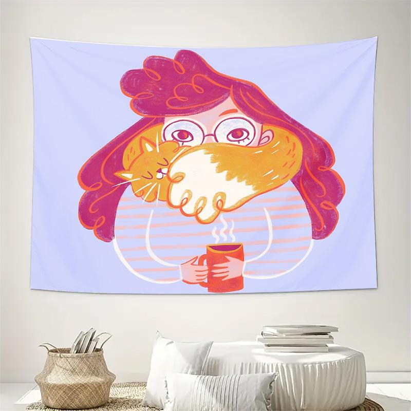 Cozy Cat Aesthetic Tapestry Wall Hanging Home Decor Dorm Room Wall Art Vintage Coffee Lover Gift Room Divider Bedroom Decoration
