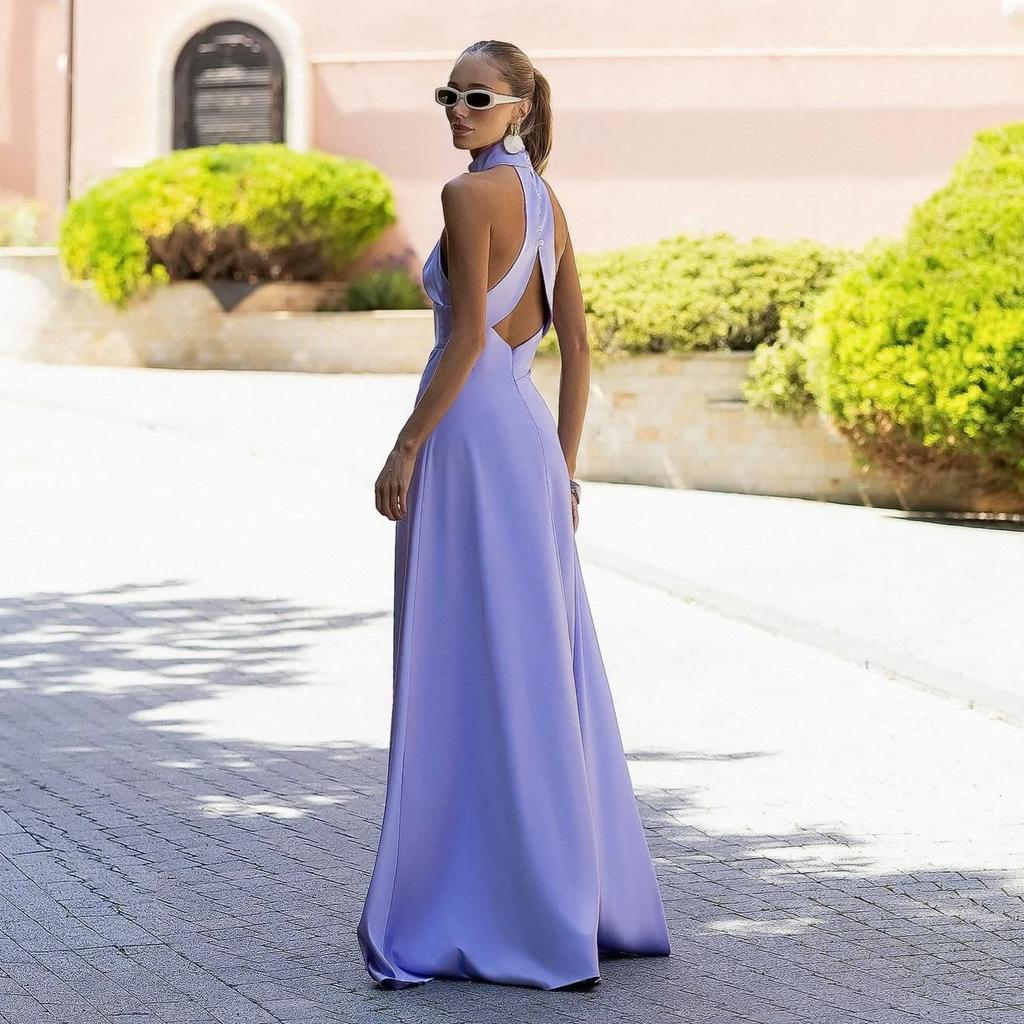 European and American women's clothing spring and summer backless neck collar sleeveless long dress waist wrap hip split dress