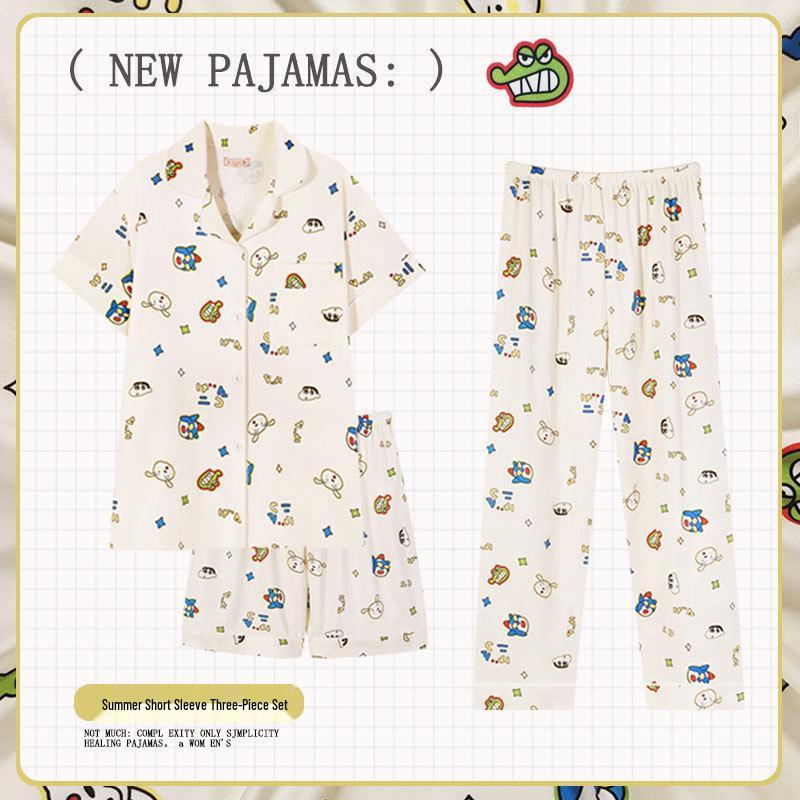 Pastoral Women's Pajama Set: Soft, Cute Rabbit Design, Short-Sleeve, Casual Three-Piece Loungewear.