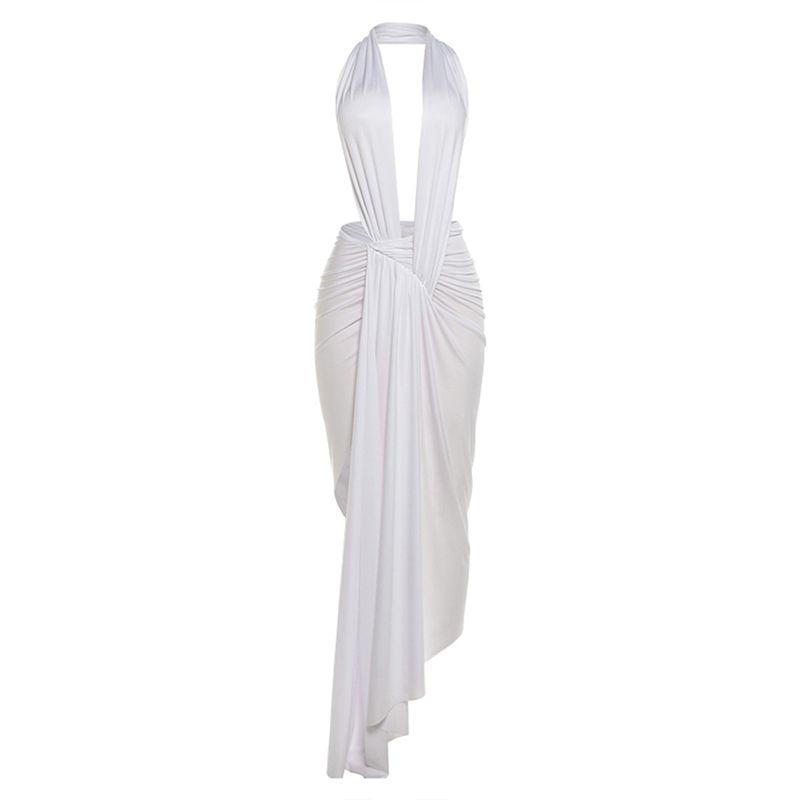 

# Sisjuly# Mediterranean Style Sexy Hollow Irregular Fold Design Split Hanging Neck Dress Women Summer White S