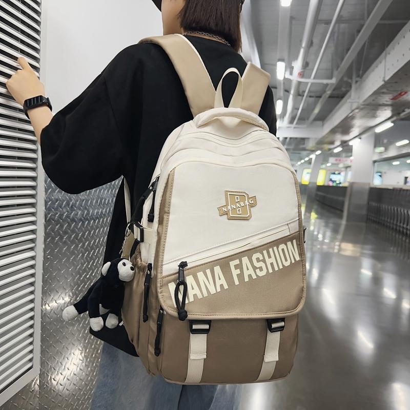 Men Letter Print Backpack Color Block Student Schoolbag Women Large Capacity Backpack