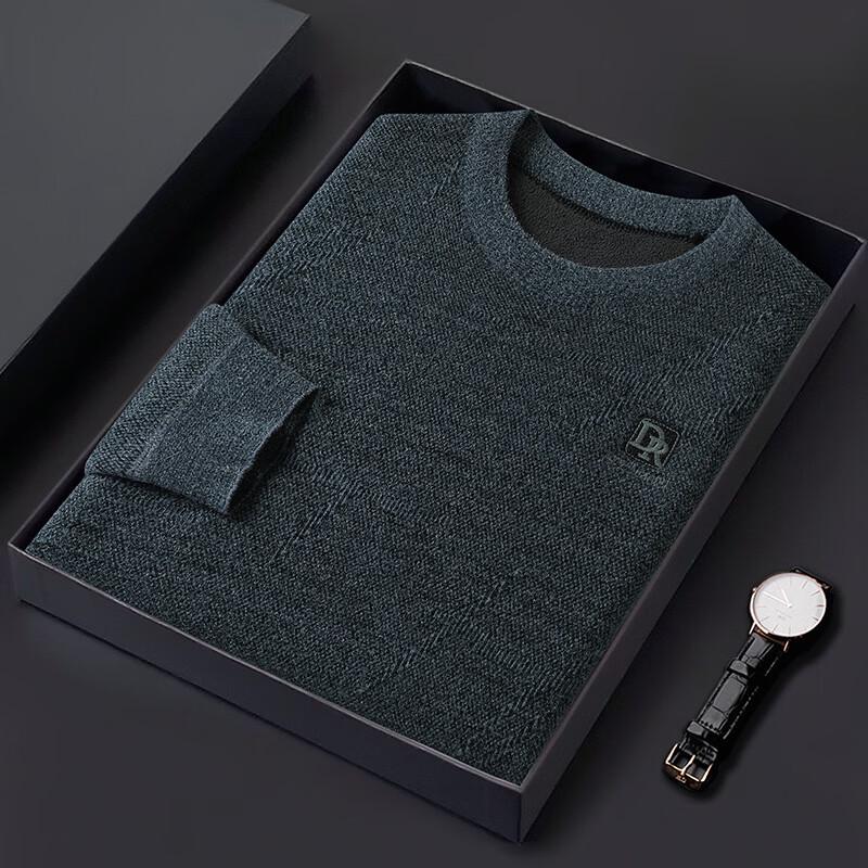 Men's Plus Size Fleece-Lined Chenille Round Neck Embroidered Sweater