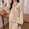 Cherry Cardigan Pajama Set: Women's Drawstring Fleece with Chest Pad - Korean-Style, Long Sleeve, Two-Piece Homewear.