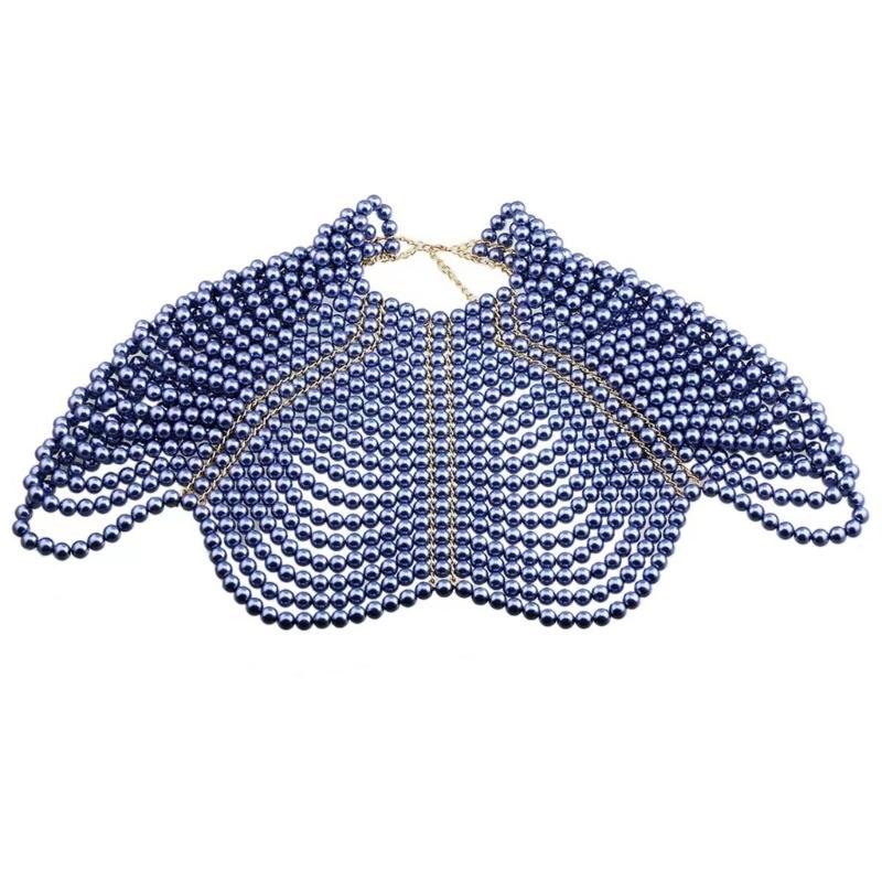 Exquisited Chest Chain Imitation Pearls Tassels Layered Necklace Shawl Beaded Body Jewelry for Elegant Evening Parties