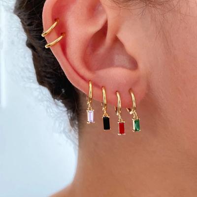 Minimalist Multi Color Baguette Zircon Hoop Earrings Gold Tone Tiny Charm Huggie Earrings for Women Mix Color Stackable Jewelry