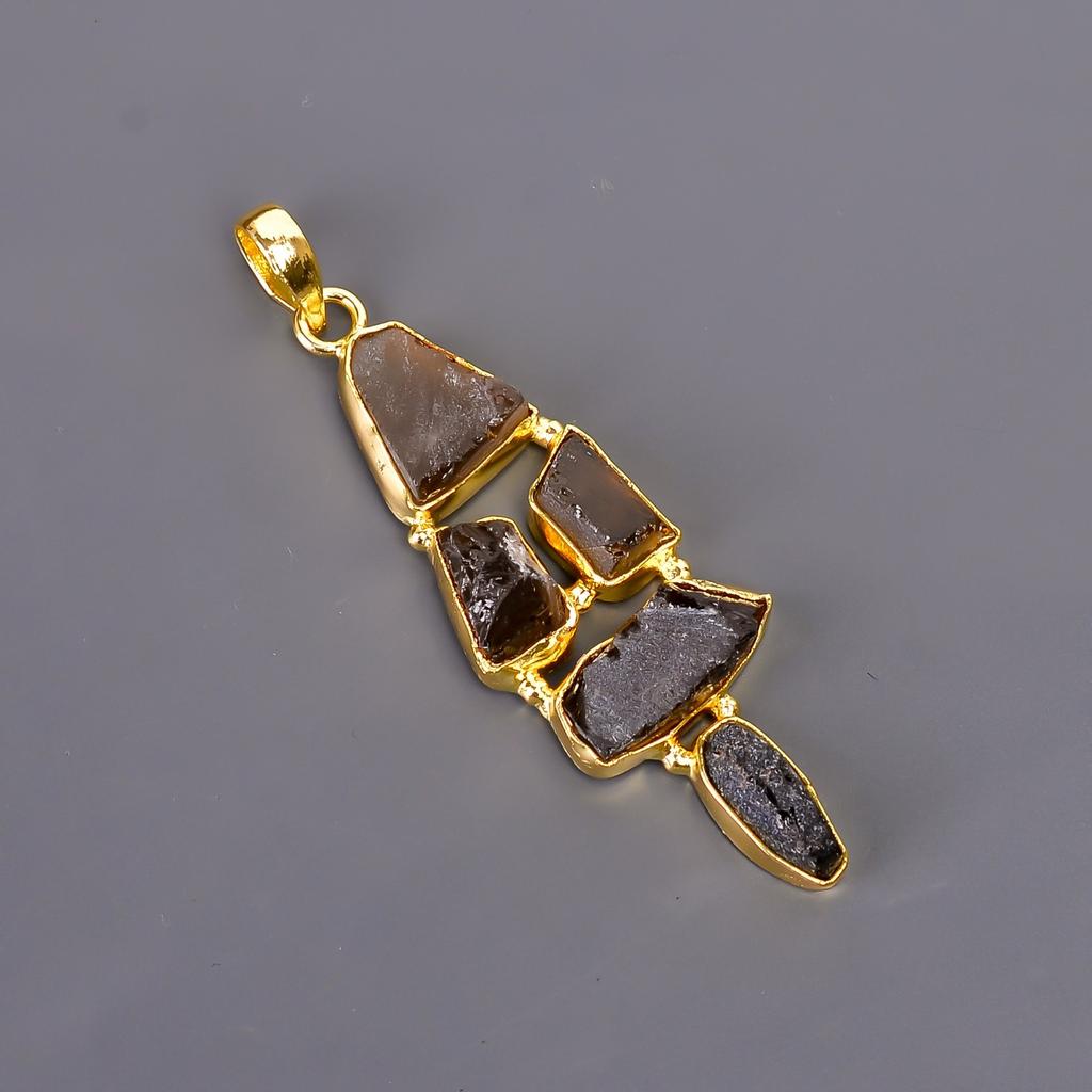 Fancy Natural Smoky Quartz Gold Finish Anniversary Electroformed Pendant Jewelry V-117