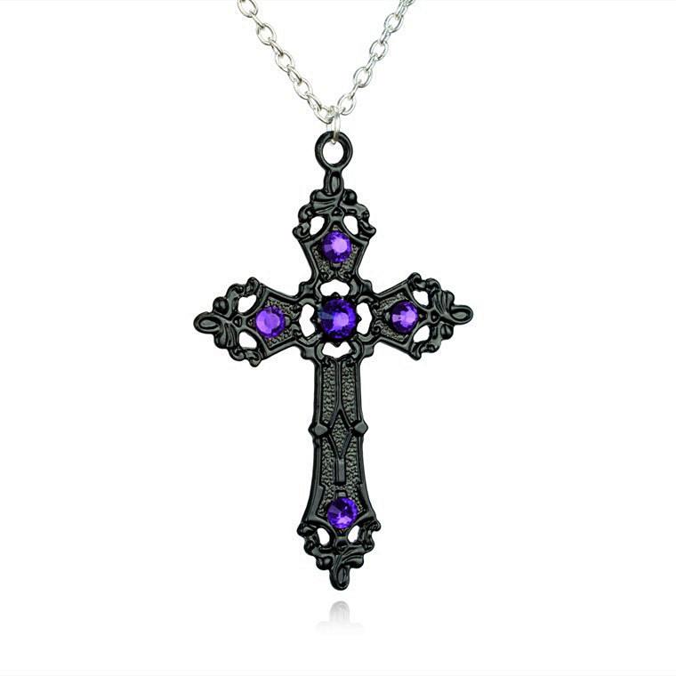 New Gothic Dark Retro Hollowed-out Cross Red Zircon Big Pendant Necklace for Women Men Halloween Party Jewelry Accessories Gifts