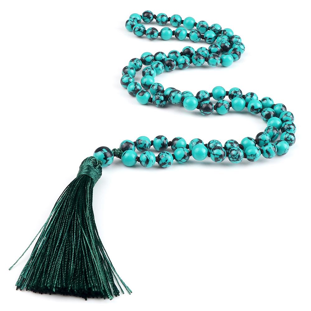 European 8mm Stone Bead Tassel Necklace and Multi-Strand Buddhist Bead Bracelet