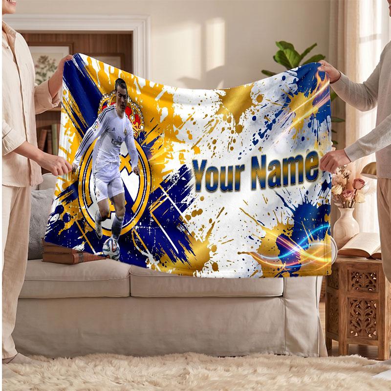 Coperta Personalizzata in Pile Cristiano Ronaldo con Logo Calcio, Testo Nome Personalizzato Morbida Calda Coperta da Divano per la Casa