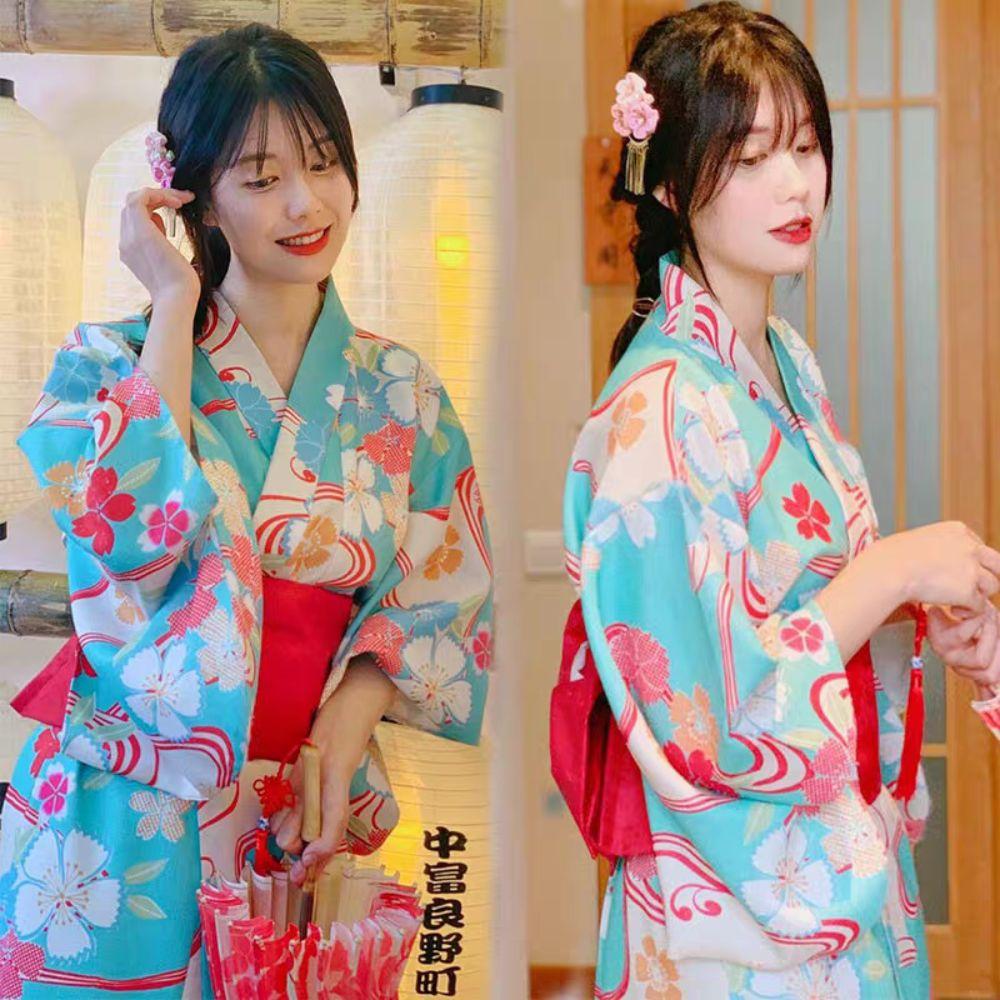 Printed Floral Sakura Girl Kimono Dress Elegance Japanese Style Yukata Bathrobe Party