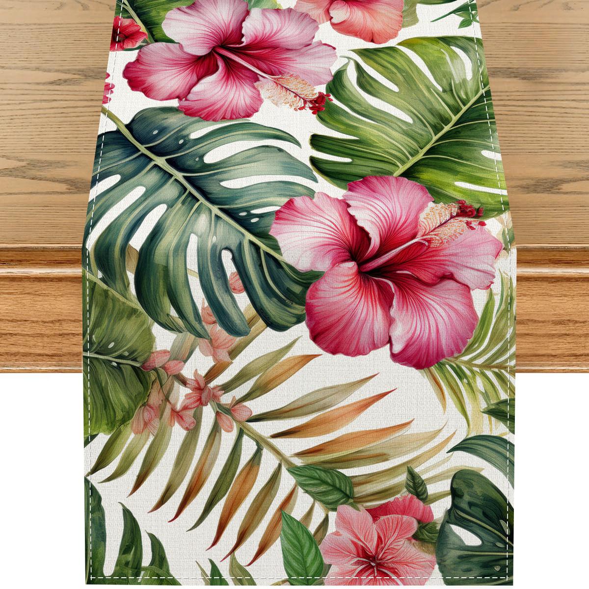 Chemin de table en lin à motifs floraux tropicaux Décoration de mariage, fête à la maison, thèmes printemps-été Chemin de table Décoration de table de cuisine/salle à manger 150x33cm