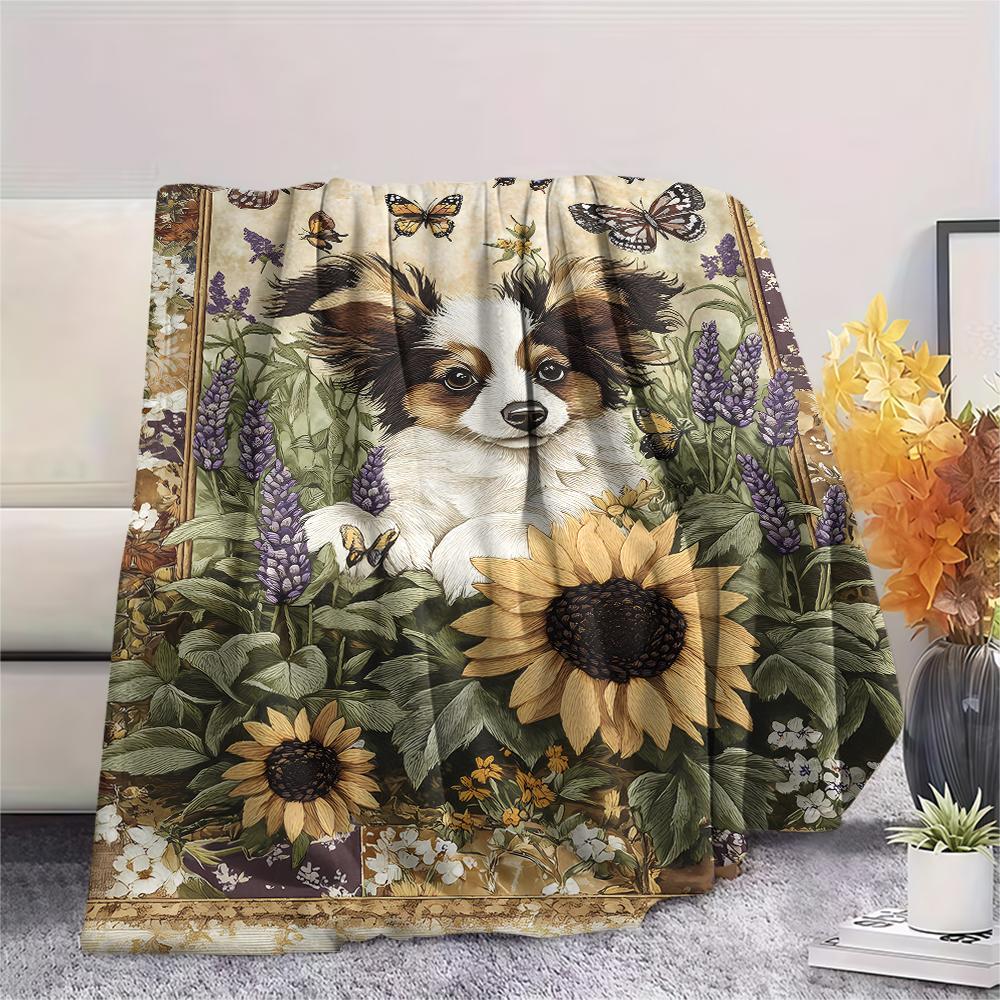 1 Stück Hunde- und Sonnenblumen-Print Flanelldecke, Hohe Qualität, Bequem für alle Jahreszeiten, Heimdekoration, Wärme und Komfort, Perfekt für Weihnachtsgeschenke
