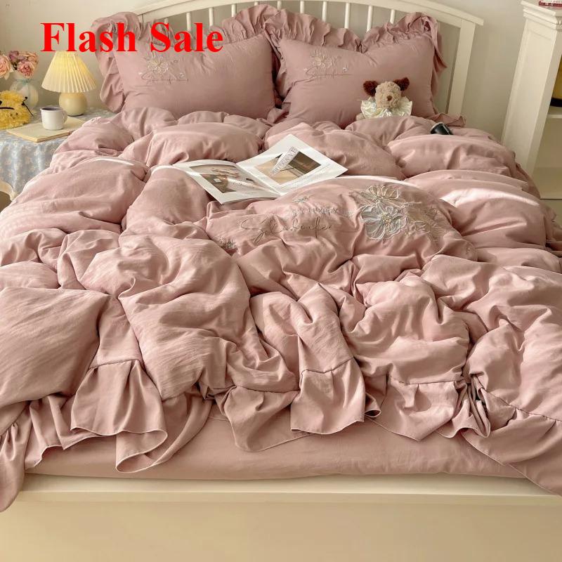 new lace embroidery small fresh and cute girl heart bed four-piece set washed cotton summer sheet quilt cover bed hat
