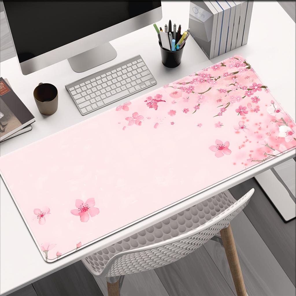 Velká růžová podložka pod herní myš s třešňovými květy, rychlostní okraj, gumová podložka na stůl, dekorativní květinový design, ozdoba na plochu
