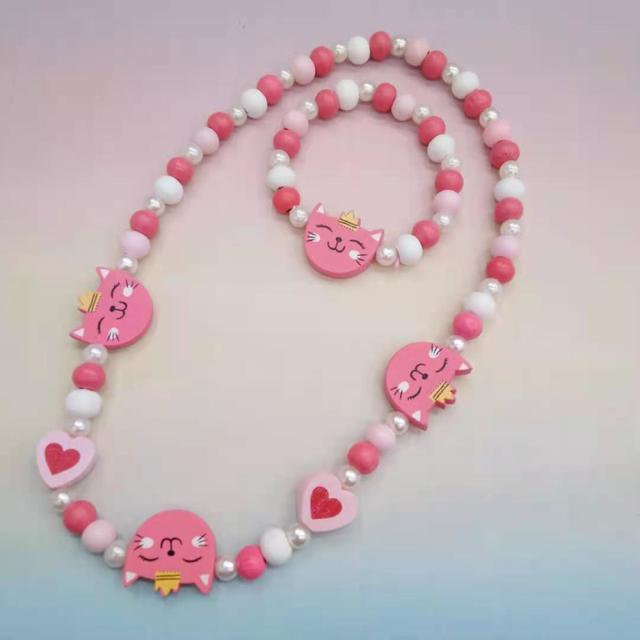 2pcs/Set Fashion Natural Wood Beads Jewelry Cute Animal Pattern Necklace Bracelet For Children Party Jewelry Girl Birthday Gift
