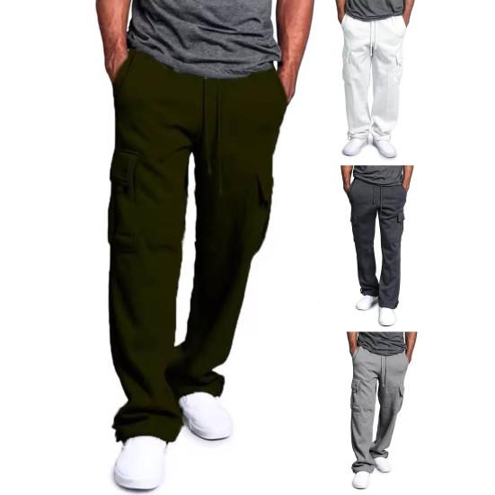 Yousheng Men Cargo Pants Elastic Waist Adjustable Drawstring Casual Overalls with Multi Pockets Solid Color Wide Leg Pants