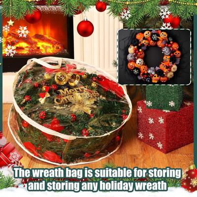 Sac de Rangement pour Couronne de Noël Organisateur de Couronne Transparent Imperméable Anti-poussière Guirlande pour Fêtes Support Artificiel avec Poignées