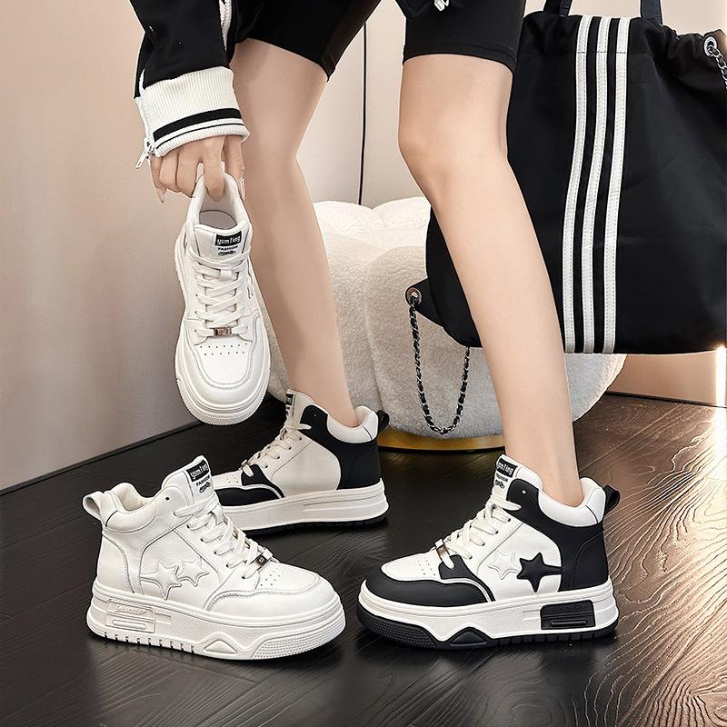 High-top Women Ins Autumn and Winter New Versatile Leather Platform Casual Board Shoes Gaobang Sports Shoes