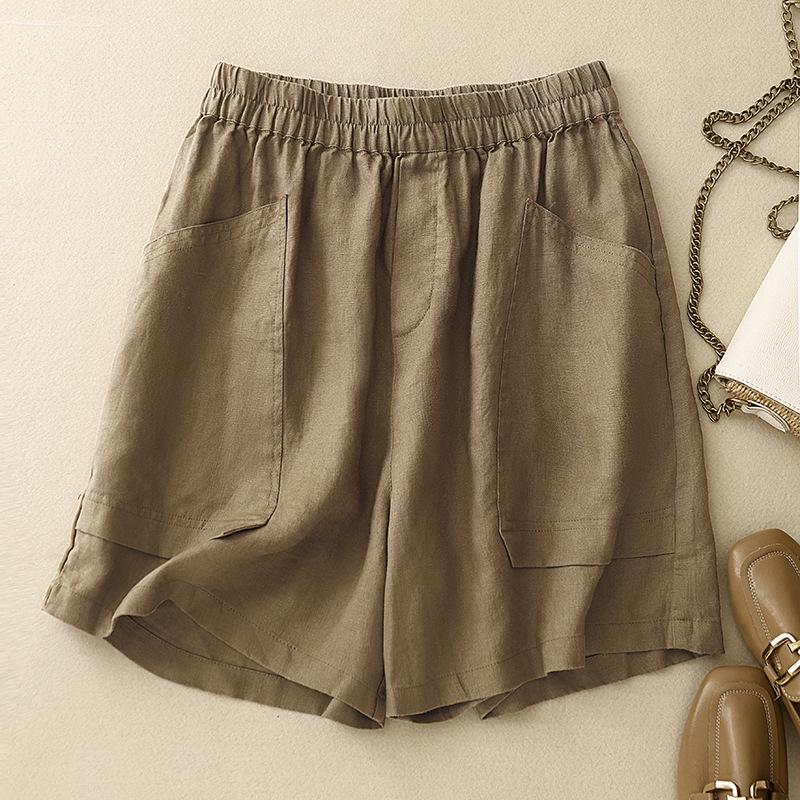 Women's 2024 Retro Cotton-Linen Elastic Waist Shorts with Large Pockets, Wide-Leg, Slimming, Straight-Leg, Versatile Design