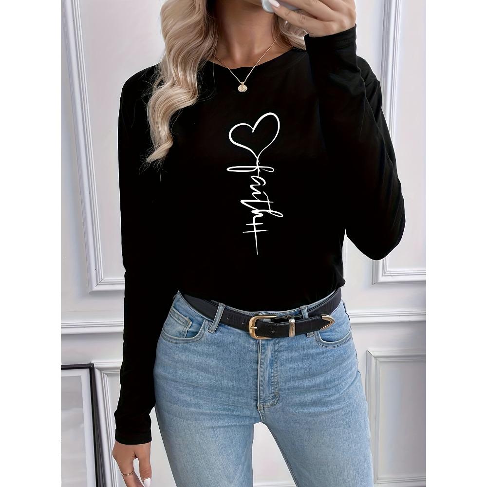 Pink Love Letter Lip Print T Shirt Crew Women's Autumn Winter Long Sleeved Black T-shirt Loose Comfortable