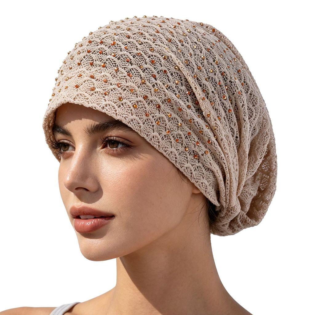 Ethnic Hat Women Spring Summer Thin Breathable Lace Water Drilling Fashion Headscarf Cap