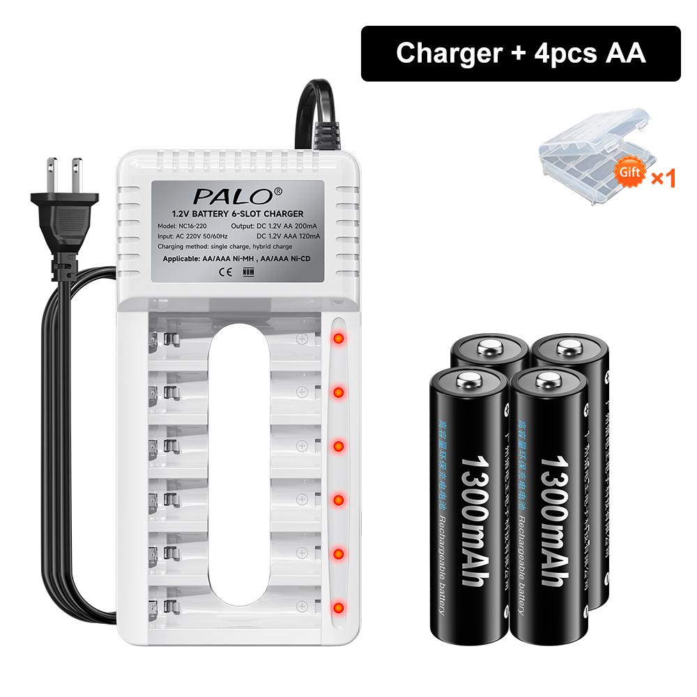 PALO Rechargeable Battery AA 1.2V Ni-MH Batteirse AA(HR6) 1300mAh and AAA(HR03) 600mAh NI-MH 2A/3A Rechargeable Batteries+6-slot charger