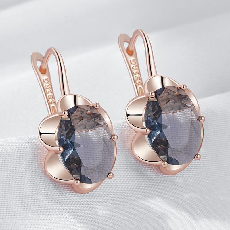 Boucles d'oreilles pendantes ovales grises pour femmes Couleur or rose Avec zircon naturel Haute qualité Bijoux fins quotidiens