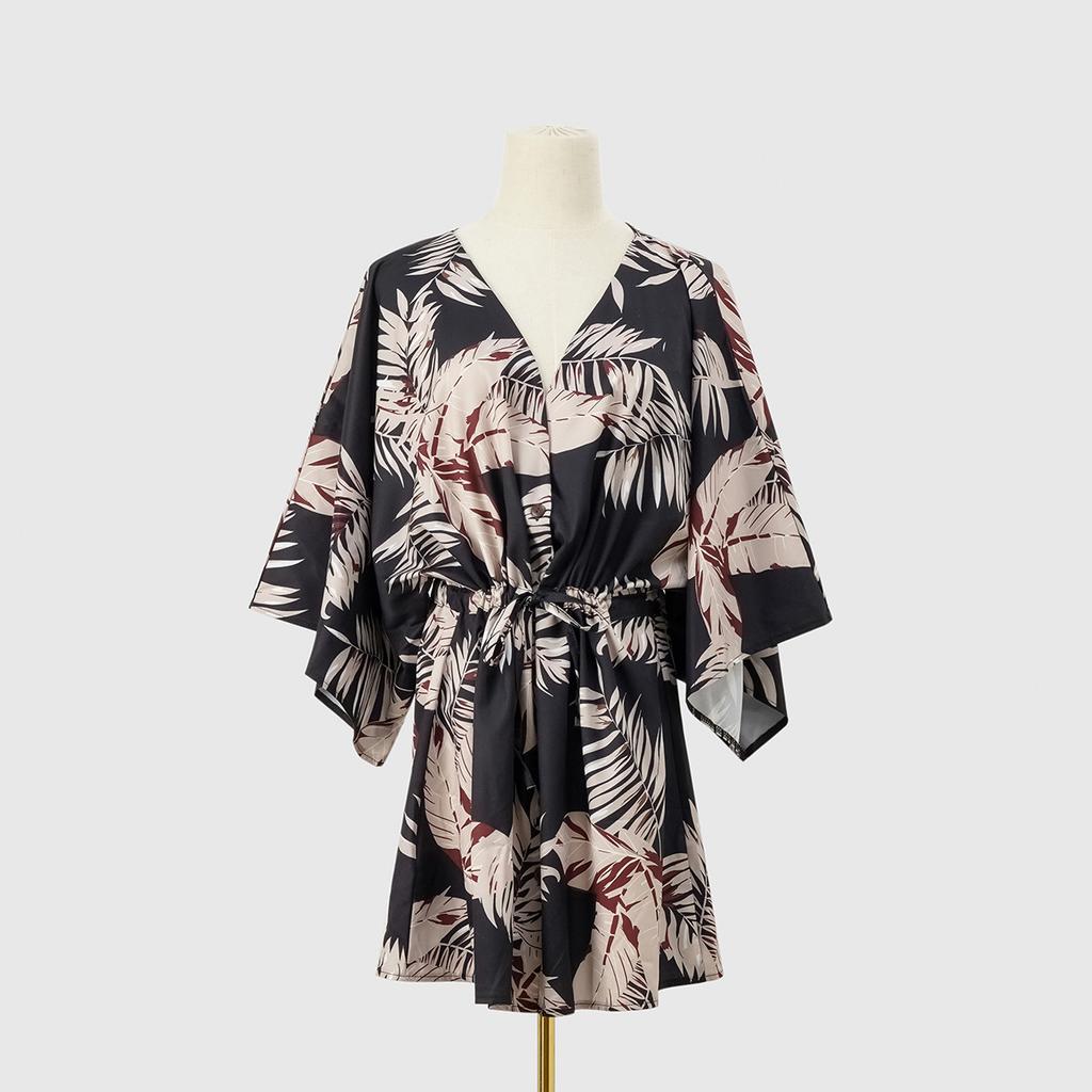 GMXIA Women's Fashion Summer Spring Floral Print Short Sleeve V-Neck High Waist Casual Dresses
