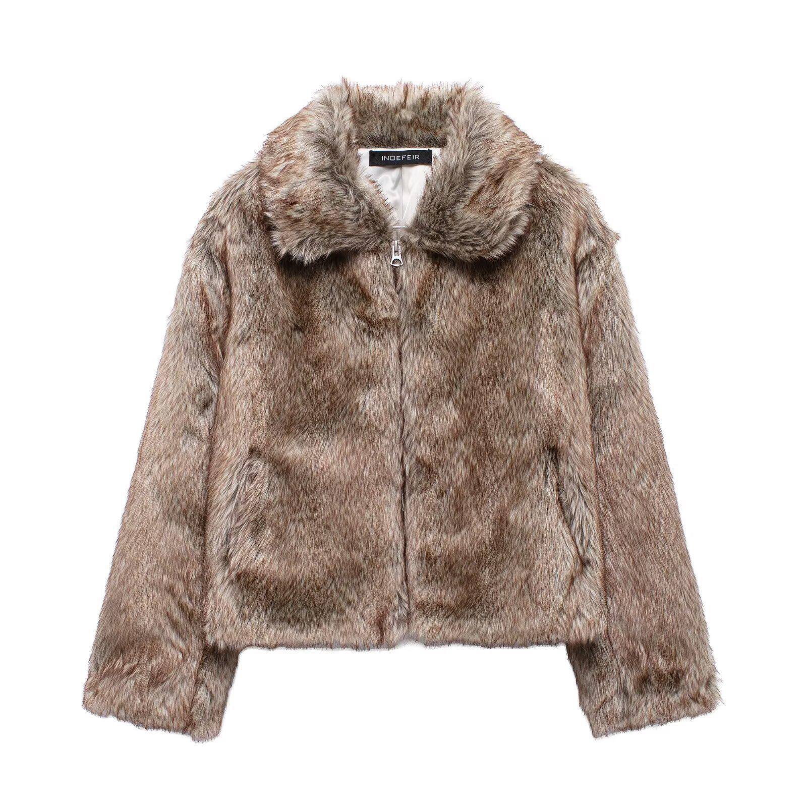 

Винтажное женское пальто из искусственного меха на осень 2024 года в европейской и американской моде Large коричневый