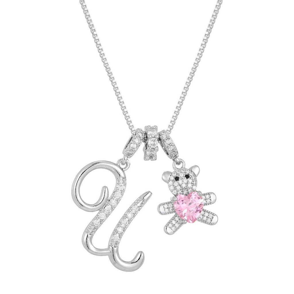 Luxurious Teddy Bear Pendant Necklace with Diamond Inlaid 26 English Letters Charm - European and American Fashion Style