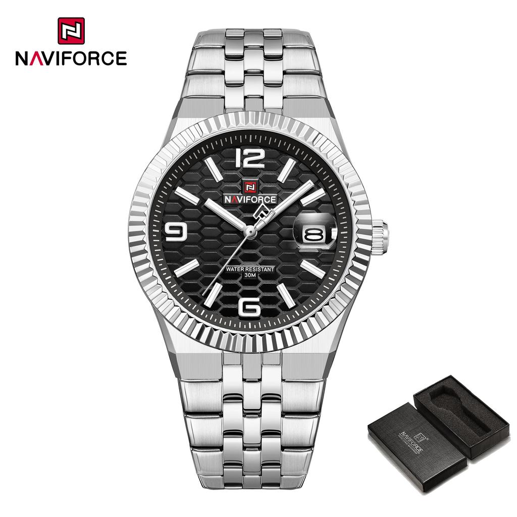 NAVIFORCE Original Men Quartz Watch Calendar Stainless Steel Strap Luminous Hands Honeycomb Dial Design Waterproof 3ATM Men Watch NF9277