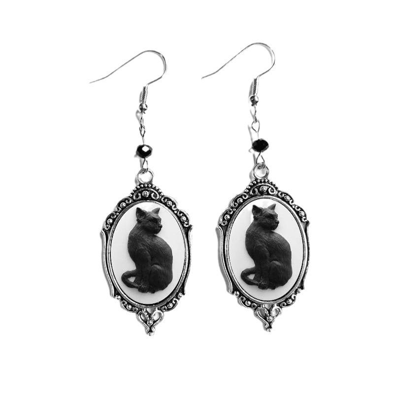 New Silver-Edged Black Cat Earrings with Black Beads