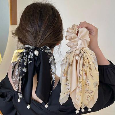 Süße Mädchen Knoten Haarbänder für Damen Koreanischer Blumenprint Scrunchies Langes Band Perlen Pferdeschwanz Haargummi Haaraccessoires