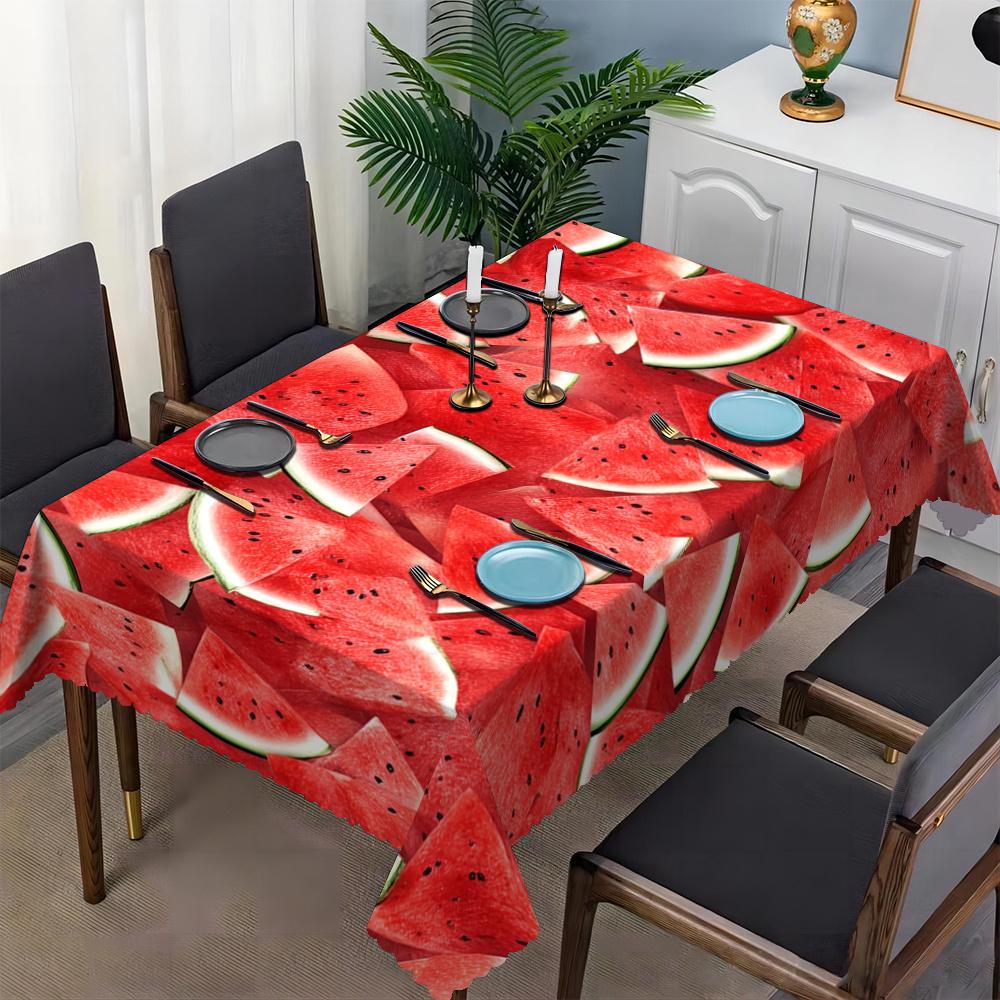 Summer Watermelon Slice Tablecloth, Fresh Red Fruit Design, Clean Scalloped Trim, Dirt Resistant, for Kitchen, BBQ & Holiday
