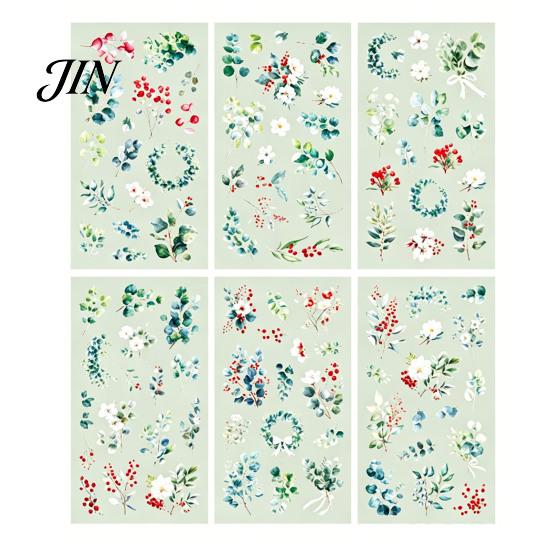 Nature Themed Stickers 6 Sheets/Set Natural Flower Scrapbook Stickers, Waterproof PVC Floral Plants Decals, Botanical Art Transparent Decorative