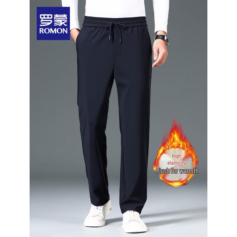 ROMON 2025 Men's Warm Elastic Waist Straight-Leg Business Casual Pants