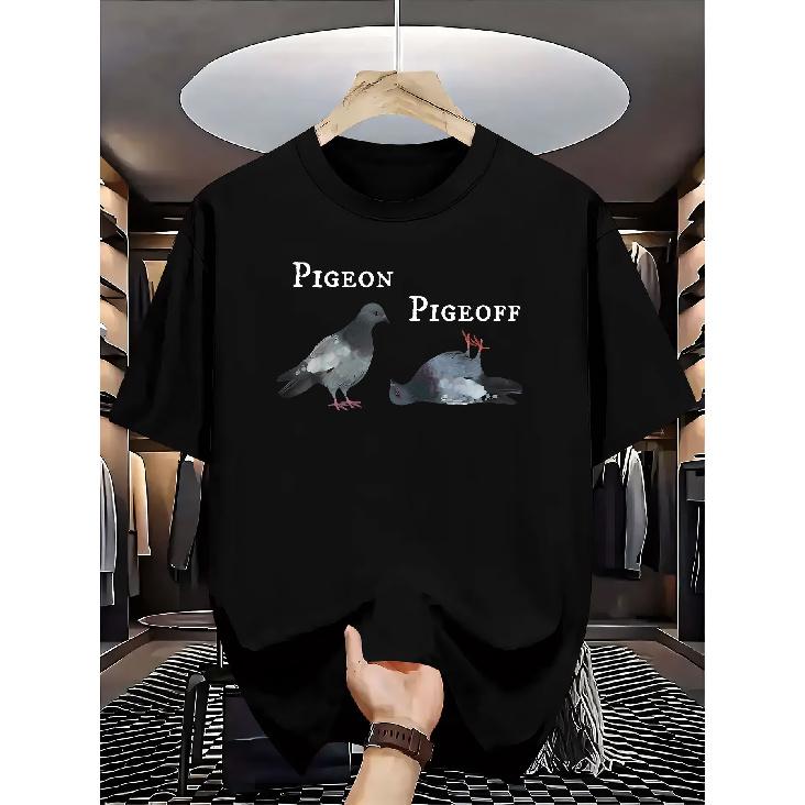 Men s Funny Pigeon Print T-Shirt - Vintage Humorous Pigeon & Pigeon Droppings Graphic, Breathable Relaxed Fit Short Sleeve Round Neck Tee for Casual S чёрный